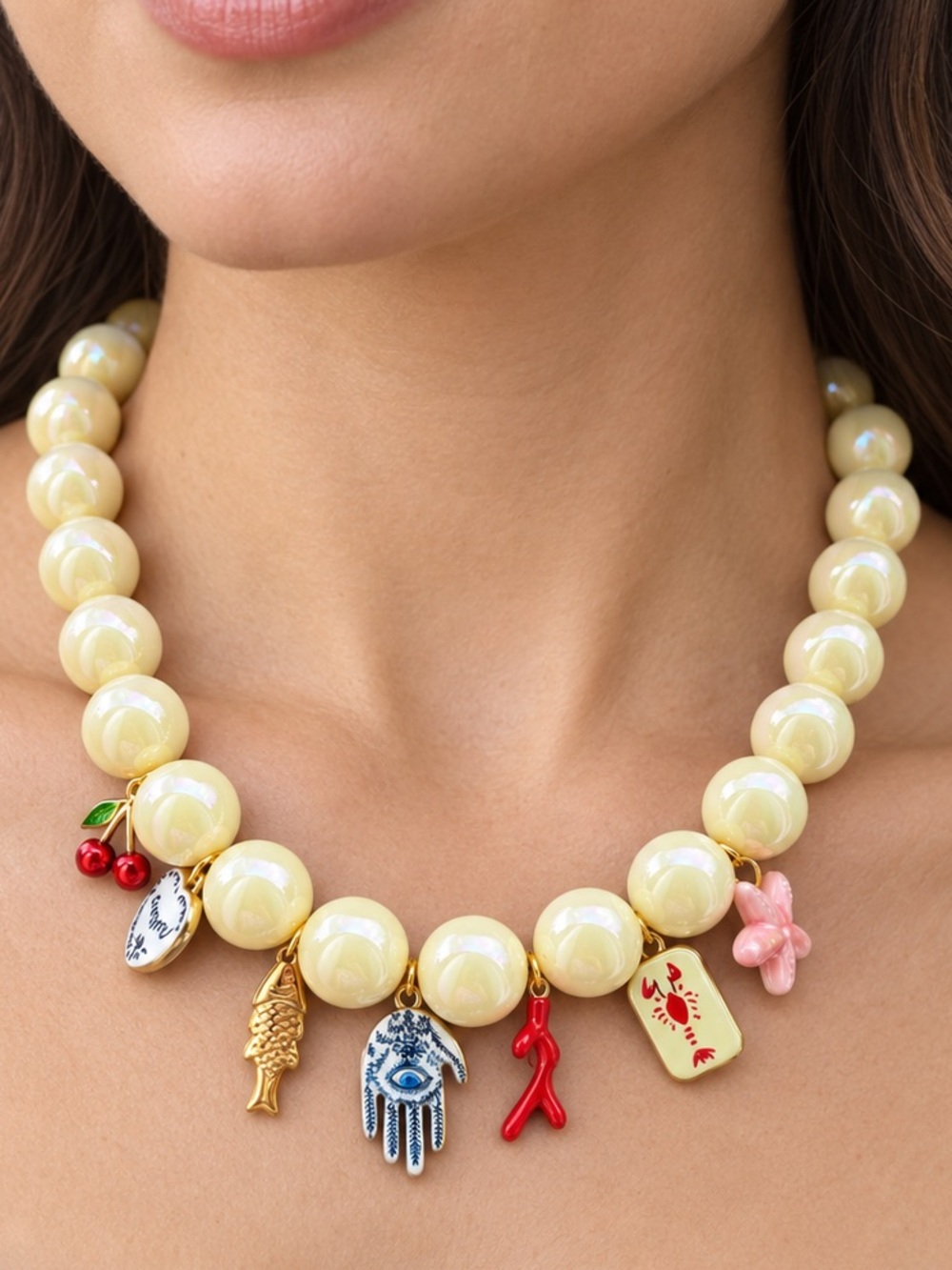 Iridescent Beaded Necklace with Colorful Coastal Charms Chunky Necklace